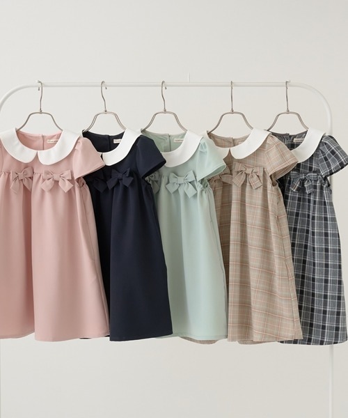 Lycee mine（リセマイン）の「【オケージョン対応】丸衿リボン付きワンピース（シャツワンピース・キッズ・ピンク/ベージュ/ミント/ネイビー/チャコール・100cm/130cm/110cm/120cm）」の18枚目の写真