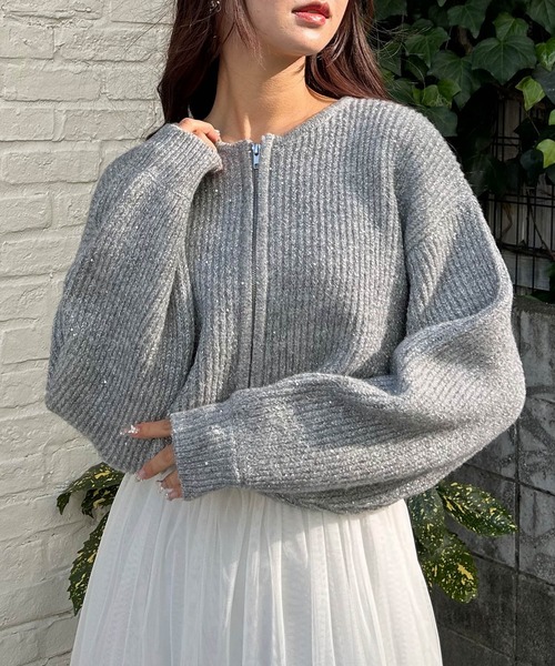INGNI(イング)の「ラメスパンコールフロントジップニットカーディガン(カーディガン/ボレロ・レディース・ピンク/アイボリー/グレー・M)」の1枚目の写真