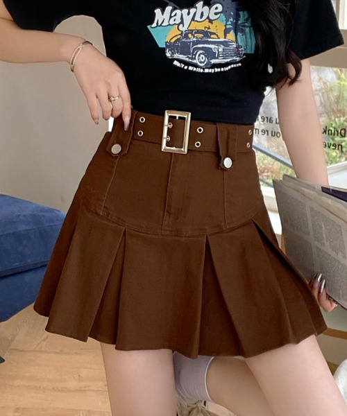 DIAVEL（ディアベル）の「ベルト付きプリーツミニスカート（スカート・レディース・ブラック/カーキ/ブラウン・S/M/L）」の3枚目の写真