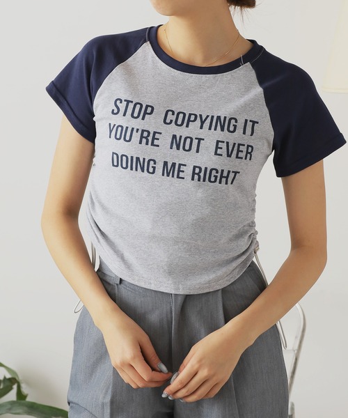 ROOPTOKYO(ループトウキョウ)の「サイドギャザーリンガー半袖Tシャツ(Tシャツ/カットソー・レディース・ブラック/ネイビー・FREE)」の4枚目の写真