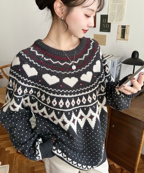 セール】5G ハート柄求心ジャガードニットプルオーバー（ニット