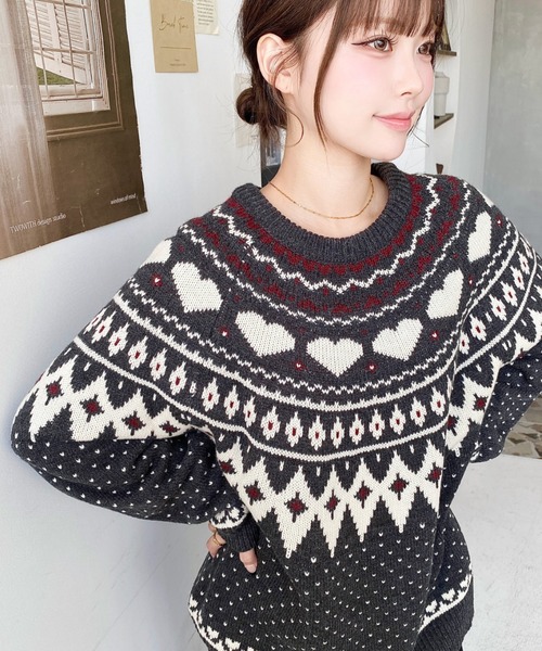 セール】5G ハート柄求心ジャガードニットプルオーバー（ニット