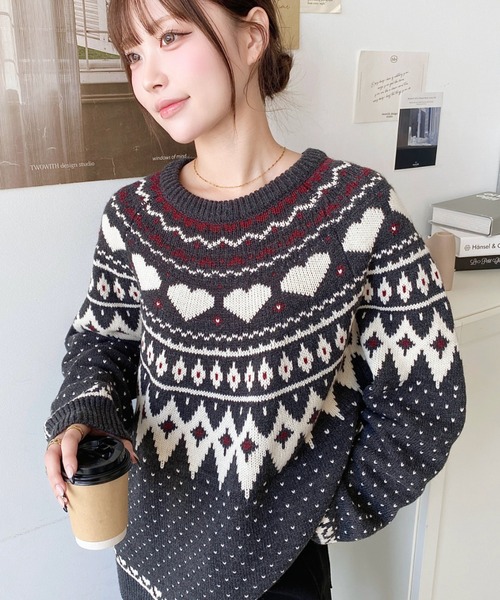 セール】5G ハート柄求心ジャガードニットプルオーバー（ニット