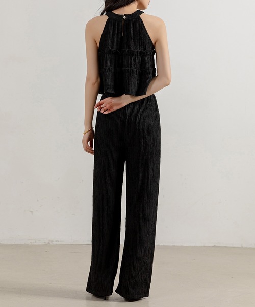 レディース ティアードフリルノースリーブトップス+ストレッチパンツ