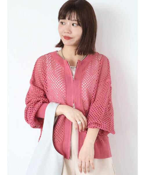 ehka sopo（エヘカソポ）の「メッシュ編みジップクルーカーディガン（カーディガン/ボレロ・レディース・オフホワイト/ブルー/グレー/グリーン/ピンク・F）」の5枚目の写真