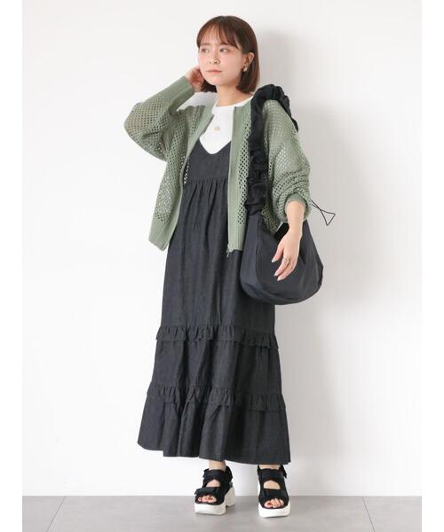 ehka sopo（エヘカソポ）の「メッシュ編みジップクルーカーディガン（カーディガン/ボレロ・レディース・オフホワイト/ブルー/グレー/グリーン/ピンク・F）」の13枚目の写真