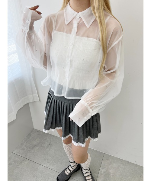 PHILLY（フィリー）の「【PHILLY】ビジューポイントシアーシャツ（シャツ/ブラウス・レディース・ブラック/ブルー/ホワイト・FREE）」の4枚目の写真