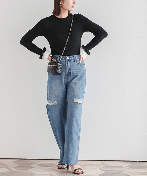 Fit more(フィットモア)の「【ZOZO限定商品】レースフレアスリーブリブニット(ニット/セーター・レディース・ピンク/アイボリー/ブラック/グレー・FREE)」の5枚目の写真
