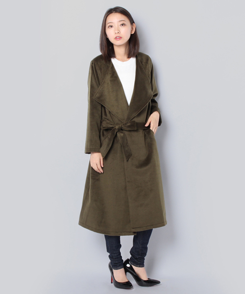 WHO'S WHO gallery(フーズフーギャラリー)の「【common.】WEB限定 裏地付きロングラップコート(ノーカラージャケット・レディース・グレー/ブラウン/カーキ・FREE)」の15枚目の写真