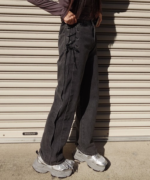 パンツ AMMY RIBBON PANTS セール】サイドリボンレースアップデニム（デニムパンツ