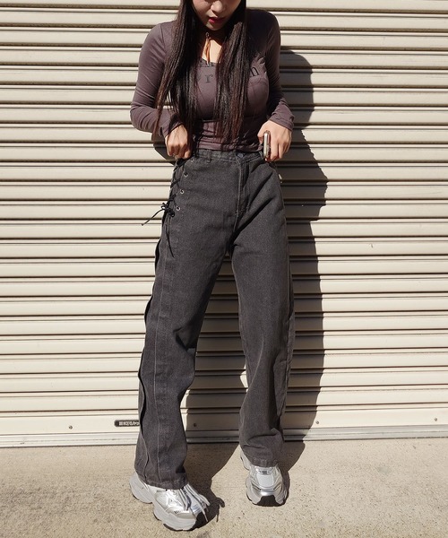 YKKジッパーボリューミーデニムパンツ(M/L) O5020 デニムパンツ｜Cross Leather Patch Baggy Denim Pants