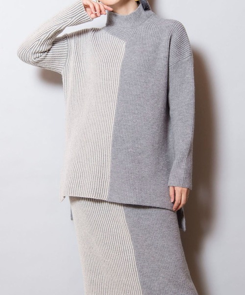 OSMOSIS(オズモーシス)の「畦ストライプタートルニットプルオーバー(ニット/セーター・レディース・ライトグレー/ダークグレー/ブラック・ONE SIZE)」の2枚目の写真