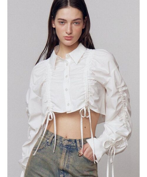 EMODA（エモダ）の「ストリングリボンショートシャツ（シャツ/ブラウス・レディース・ベージュ/ホワイト/ブラック/ブルー・FREE）」の6枚目の写真