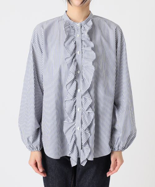 journal standard L'essage（ジャーナルスタンダードレサージュ）の「スタンドカラーフリルシャツ（シャツ/ブラウス・レディース・ブルー/ネイビー/ブルー系その他・FREE）」の6枚目の写真