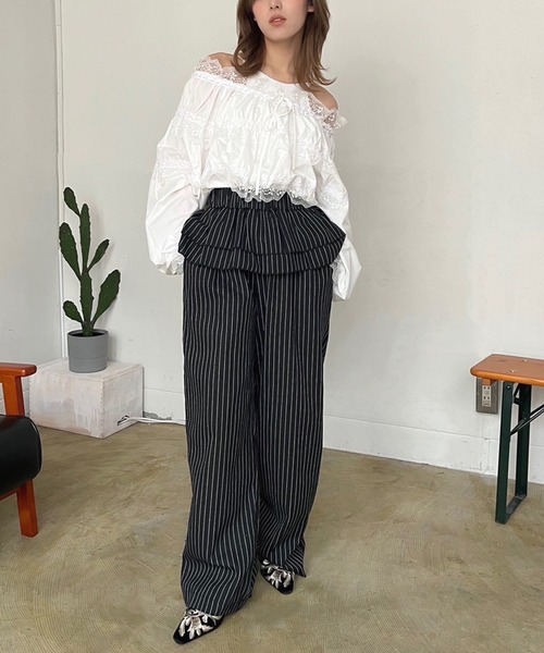 Jewelobe（ジュエローブ）の「ダブルペプラムストライプワイドスラックス（スラックス・レディース・グレー/ブラック・FREE）」の4枚目の写真