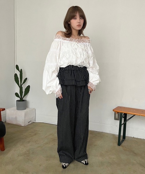 Jewelobe（ジュエローブ）の「ダブルペプラムストライプワイドスラックス（スラックス・レディース・グレー/ブラック・FREE）」の6枚目の写真