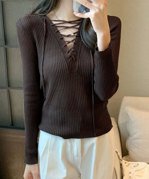 Miniministore（ミニミニストア）の「Vネックレースアップ 薄手長袖 トップス（ニット/セーター・レディース・ブラウン/ブラック・FREE）」の16枚目の写真