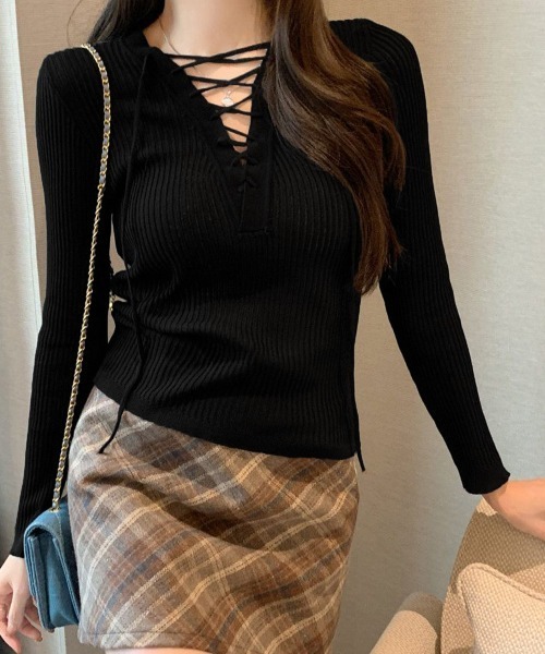 Miniministore（ミニミニストア）の「Vネックレースアップ 薄手長袖 トップス（ニット/セーター・レディース・ブラウン/ブラック・FREE）」の15枚目の写真