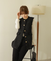 fringe sleeveless tweed vest /ゴールドボタン フリンジ ツイード ベスト