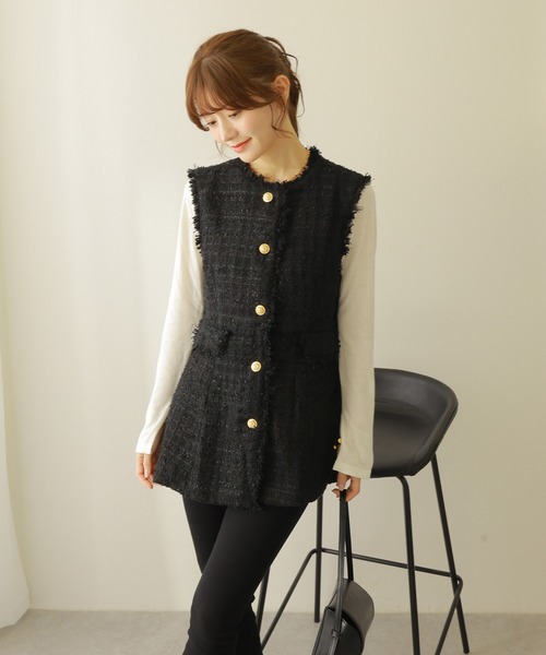 fringe sleeveless tweed vest /ゴールドボタン フリンジ ツイード