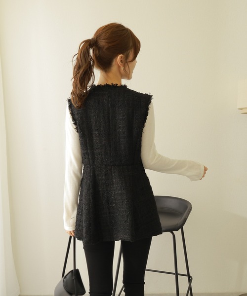 fringe sleeveless tweed vest /ゴールドボタン フリンジ ツイード