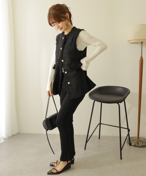 fringe sleeveless tweed vest /ゴールドボタン フリンジ ツイード