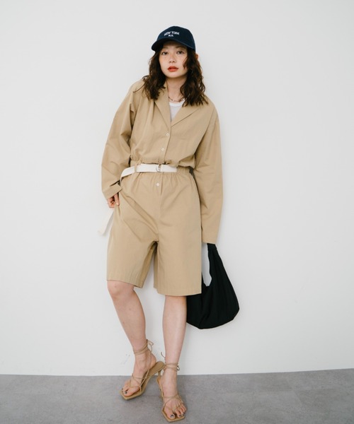 オープンカラーショートオールインワン（つなぎ/オールインワン