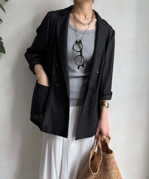 DouDou（ドゥドゥ）の「強撚シアーダブルジャケット（テーラードジャケット・レディース・ベージュ/ネイビー/ブラック・FREE）」の9枚目の写真