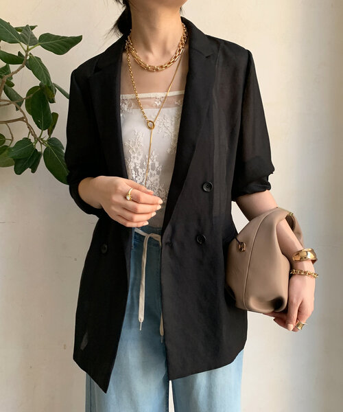 DouDou（ドゥドゥ）の「強撚シアーダブルジャケット（テーラードジャケット・レディース・ベージュ/ネイビー/ブラック・FREE）」の14枚目の写真