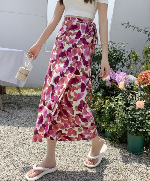 ichi ⿻ コットン 花柄 ラップスカート 春夏 巻スカート 白 ナチュラル ichi ⿻ コットン 花柄 ラップスカート 春夏 巻スカート 白
