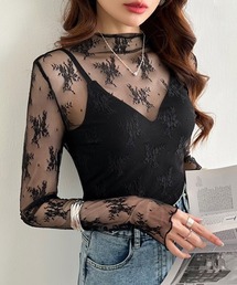 上品な刺繍柄で華やかに 刺繍デザインシアートップス ハイネック レース シアートップス 長袖 刺繍 インナー レイヤードトップス 指穴付き サムホール オケージョン