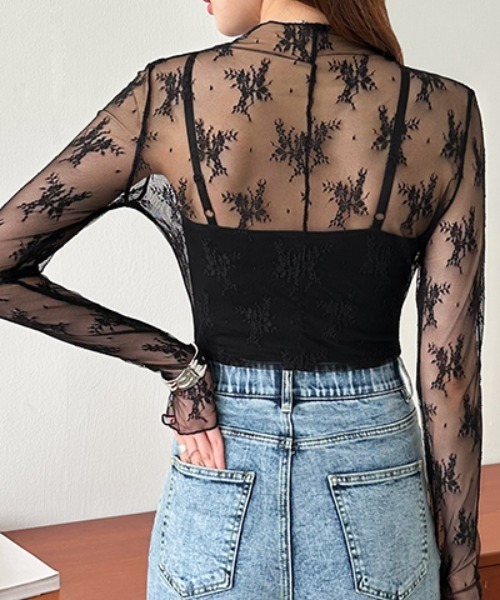 シェアースピリット　長袖　カットソー　レース　刺繍　メッシュ　レイヤード　ロゴ シェアースピリット 長袖 カットソー レース 刺繍 メッシュ