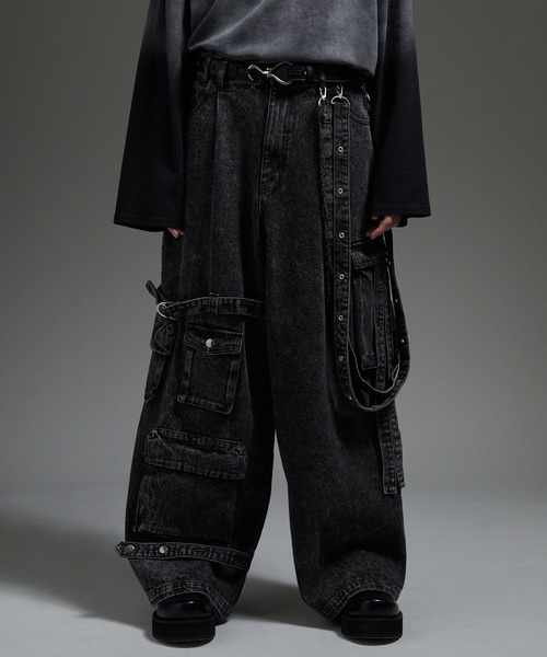 cussil（クシル）の「【cussil/クシル】【12oz】 ルーズシルエットアシンメトリーサスペンダーカーゴデニムパンツ（デニムパンツ・メンズ・ブラック・L/M/S）」の11枚目の写真