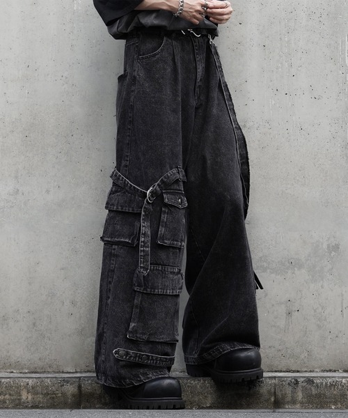【LILL】ルーズシルエットサスペンダーZIPポケットデニムカーゴパンツ ルーズシルエットハイウエストサスペンダーZIPポケットデニム