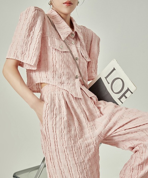 Girly Doll(ガーリードール)の「半袖シャツとイージーパンツ セットアップ(セットアップ・レディース・アイボリー/ブラック/ピンク・M/S)」の3枚目の写真