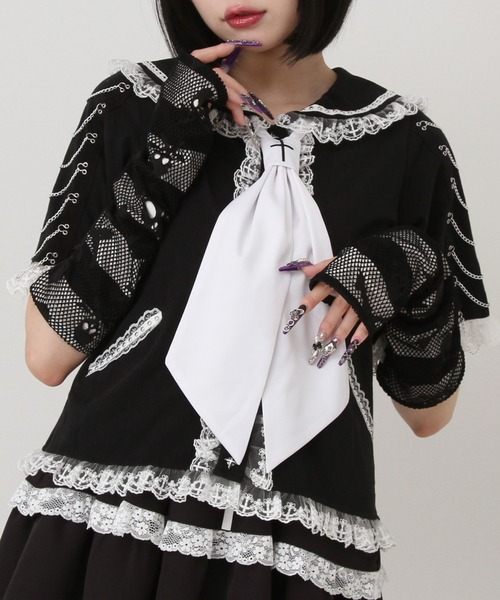 DearMyLove（ディアマイラブ）の「闇セーラー襟十字架スカーフチェーンストライプアームカバートップス（Tシャツ/カットソー・レディース・パープル/ボルドー/ブラック×ホワイト/ブラック・3L/LL/LARGE/MEDIUM）」の3枚目の写真