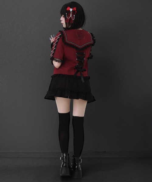 DearMyLove（ディアマイラブ）の「闇セーラー襟十字架スカーフチェーンストライプアームカバートップス（Tシャツ/カットソー・レディース・パープル/ボルドー/ブラック×ホワイト/ブラック・3L/LL/LARGE/MEDIUM）」の21枚目の写真