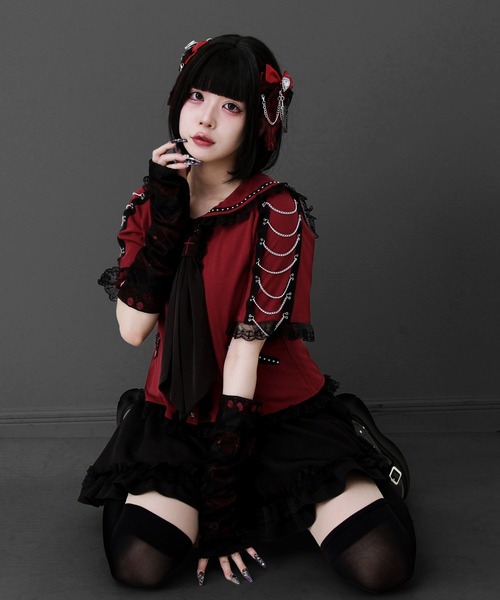 DearMyLove（ディアマイラブ）の「闇セーラー襟十字架スカーフチェーンストライプアームカバートップス（Tシャツ/カットソー・レディース・パープル/ボルドー/ブラック×ホワイト/ブラック・3L/LL/LARGE/MEDIUM）」の20枚目の写真