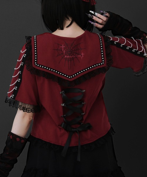 DearMyLove（ディアマイラブ）の「闇セーラー襟十字架スカーフチェーンストライプアームカバートップス（Tシャツ/カットソー・レディース・パープル/ボルドー/ブラック×ホワイト/ブラック・3L/LL/LARGE/MEDIUM）」の19枚目の写真