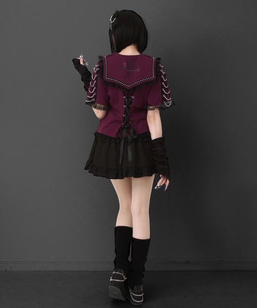 DearMyLove（ディアマイラブ）の「闇セーラー襟十字架スカーフチェーンストライプアームカバートップス（Tシャツ/カットソー・レディース・パープル/ボルドー/ブラック×ホワイト/ブラック・3L/LL/LARGE/MEDIUM）」の17枚目の写真