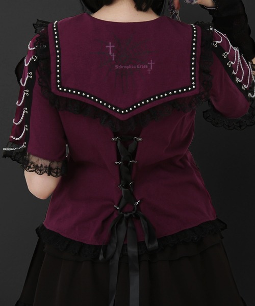 DearMyLove（ディアマイラブ）の「闇セーラー襟十字架スカーフチェーンストライプアームカバートップス（Tシャツ/カットソー・レディース・パープル/ボルドー/ブラック×ホワイト/ブラック・3L/LL/LARGE/MEDIUM）」の16枚目の写真