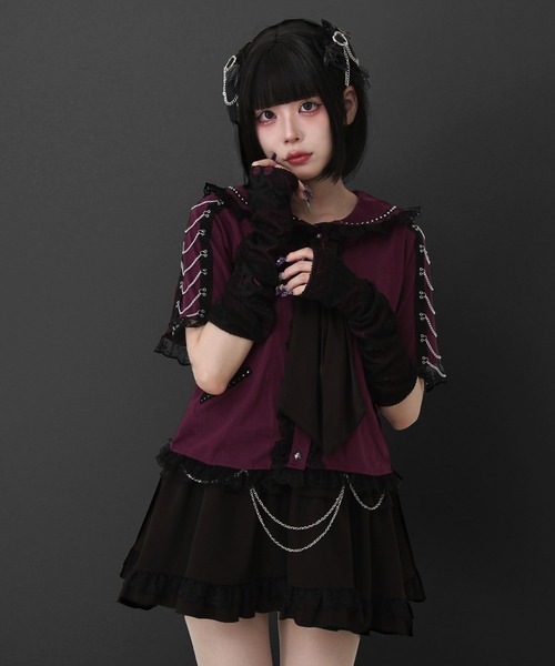 DearMyLove（ディアマイラブ）の「闇セーラー襟十字架スカーフチェーンストライプアームカバートップス（Tシャツ/カットソー・レディース・パープル/ボルドー/ブラック×ホワイト/ブラック・3L/LL/LARGE/MEDIUM）」の15枚目の写真