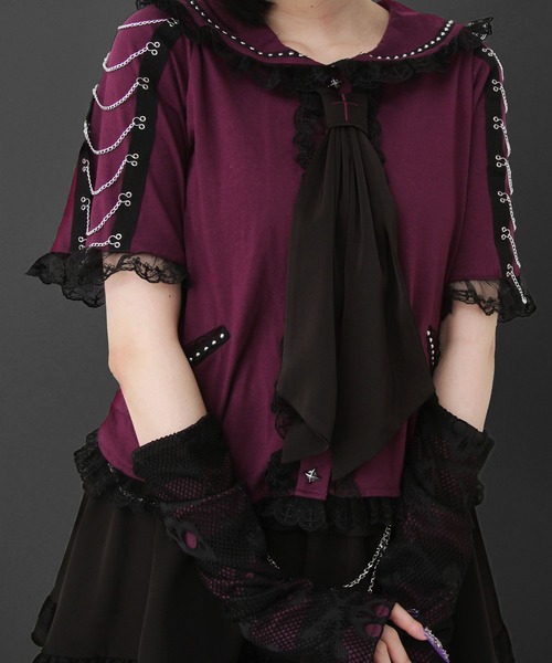 DearMyLove（ディアマイラブ）の「闇セーラー襟十字架スカーフチェーンストライプアームカバートップス（Tシャツ/カットソー・レディース・パープル/ボルドー/ブラック×ホワイト/ブラック・3L/LL/LARGE/MEDIUM）」の14枚目の写真