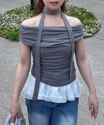 タイ付きドレープノースリーブトップス