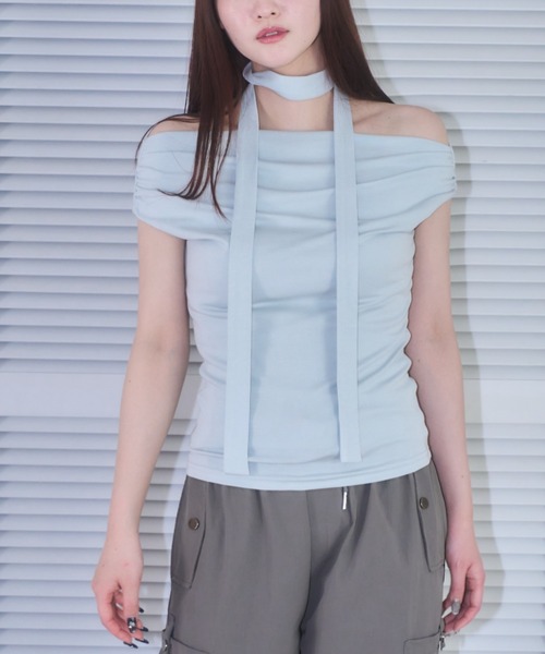 mellowneon(メロウネオン)の「タイ付きドレープノースリーブトップス(Tシャツ/カットソー・レディース・アイボリー/サックスブルー/ブラック/グレー・FREE)」の4枚目の写真
