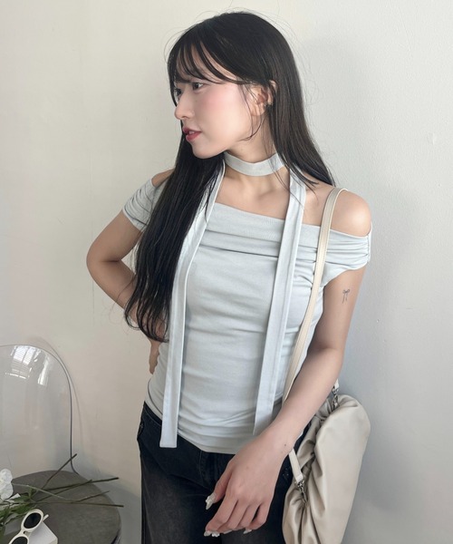 mellowneon(メロウネオン)の「タイ付きドレープノースリーブトップス(Tシャツ/カットソー・レディース・アイボリー/サックスブルー/ブラック/グレー・FREE)」の17枚目の写真
