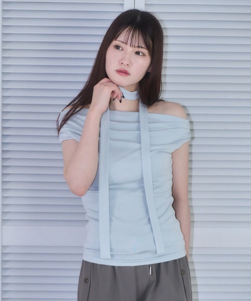 mellowneon(メロウネオン)の「タイ付きドレープノースリーブトップス(Tシャツ/カットソー・レディース・アイボリー/サックスブルー/ブラック/グレー・FREE)」の14枚目の写真
