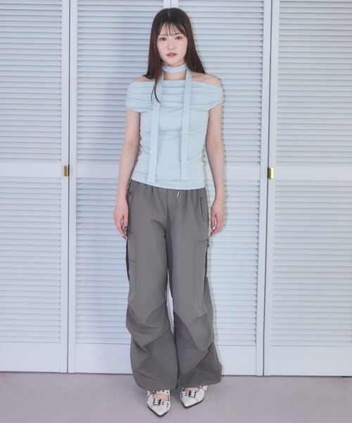 mellowneon(メロウネオン)の「タイ付きドレープノースリーブトップス(Tシャツ/カットソー・レディース・アイボリー/サックスブルー/ブラック/グレー・FREE)」の12枚目の写真