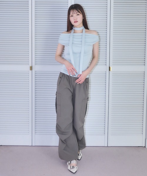mellowneon(メロウネオン)の「タイ付きドレープノースリーブトップス(Tシャツ/カットソー・レディース・アイボリー/サックスブルー/ブラック/グレー・FREE)」の16枚目の写真