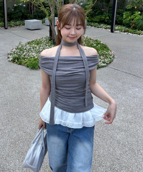 mellowneon(メロウネオン)の「タイ付きドレープノースリーブトップス(Tシャツ/カットソー・レディース・アイボリー/サックスブルー/ブラック/グレー・FREE)」の18枚目の写真